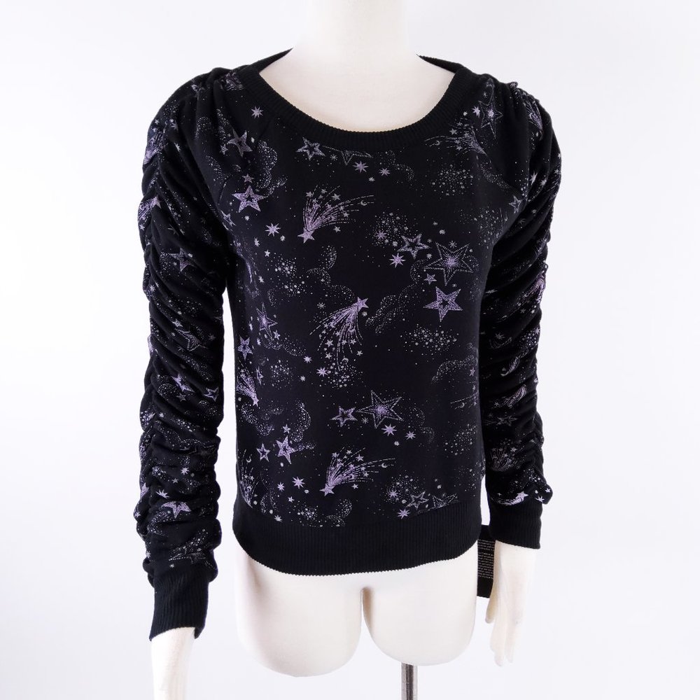 New Women's Chaser Shirred Sleeve Black Mystical Star Sweatshirt Size Small